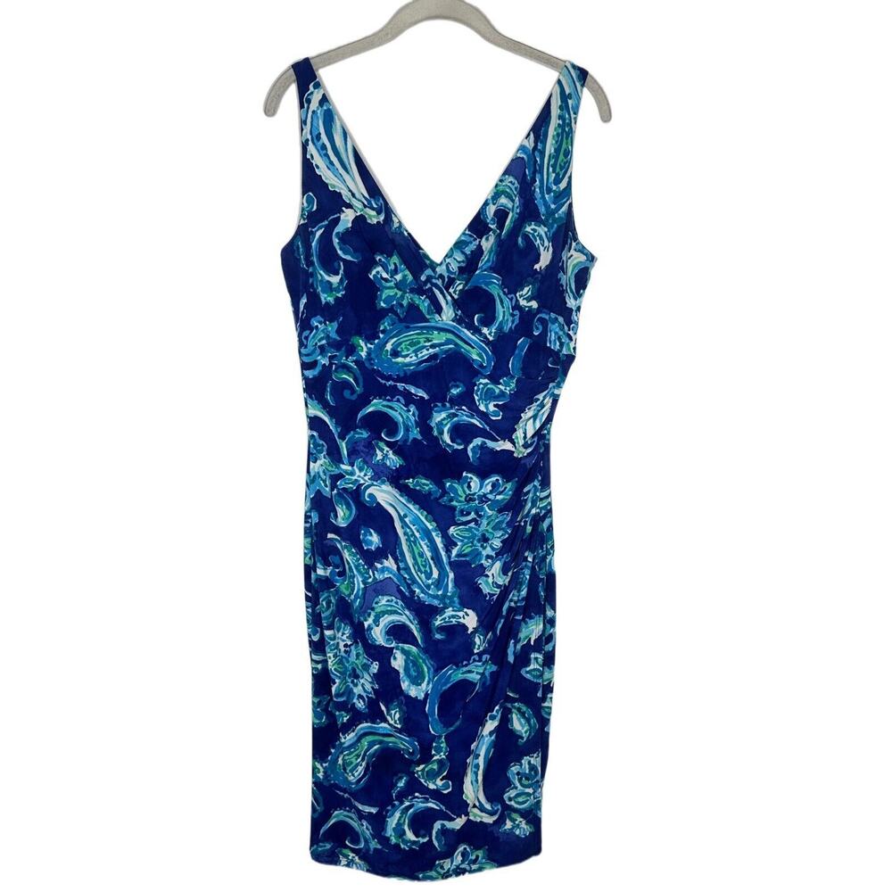 Lauren Ralph Lauren Faux Wrap Blue and Green Floral Cap Sleeve Dress Size 10